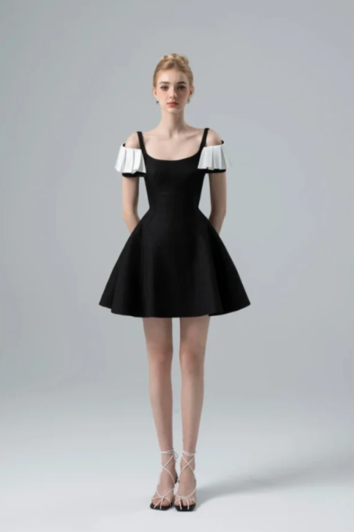 Black design suspenders one shoulder waist slim fit A-line big skirt short skirt homecoming dress R4808