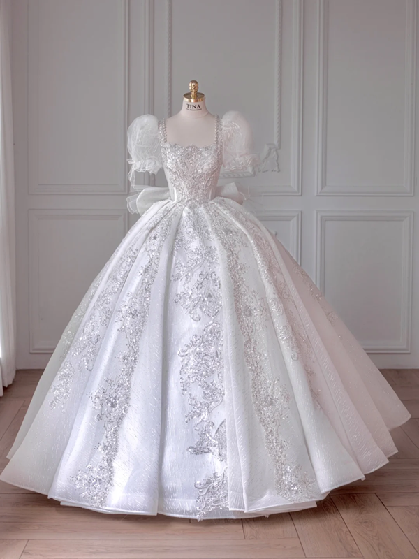 White Puff-Sleeve Rhinestone-Embellished Fitted-Waist Slim-Fit Puffy Hem Gown / Bridal Gown R5902
