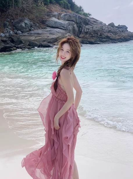 French pink holiday style backless halter neck suspender dress seaside beach long dress R0215