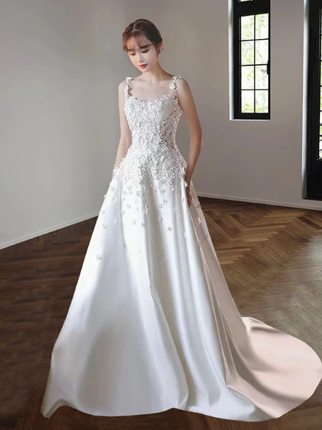 Embroidered Silky Corset Prom Gown , White Women's Maxi Evening Dress RS2392