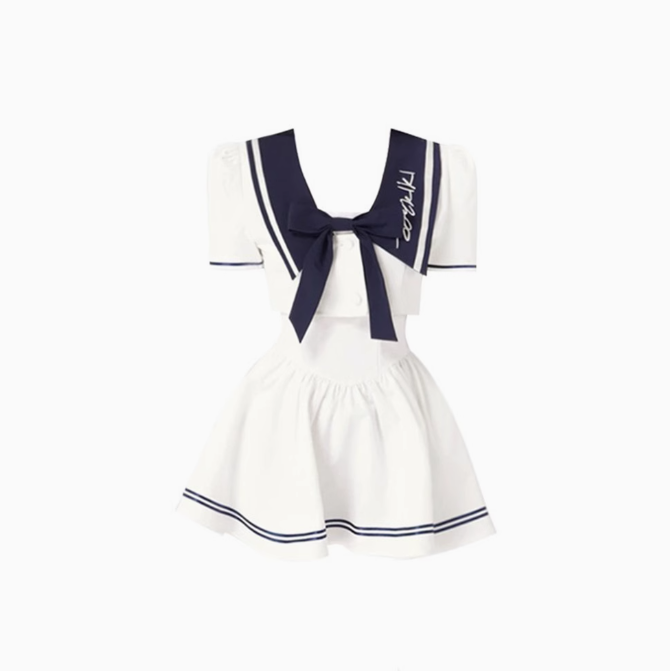 College style contrast color shirt 2025 pure desire waist a-line puffy suspender skirt R1201