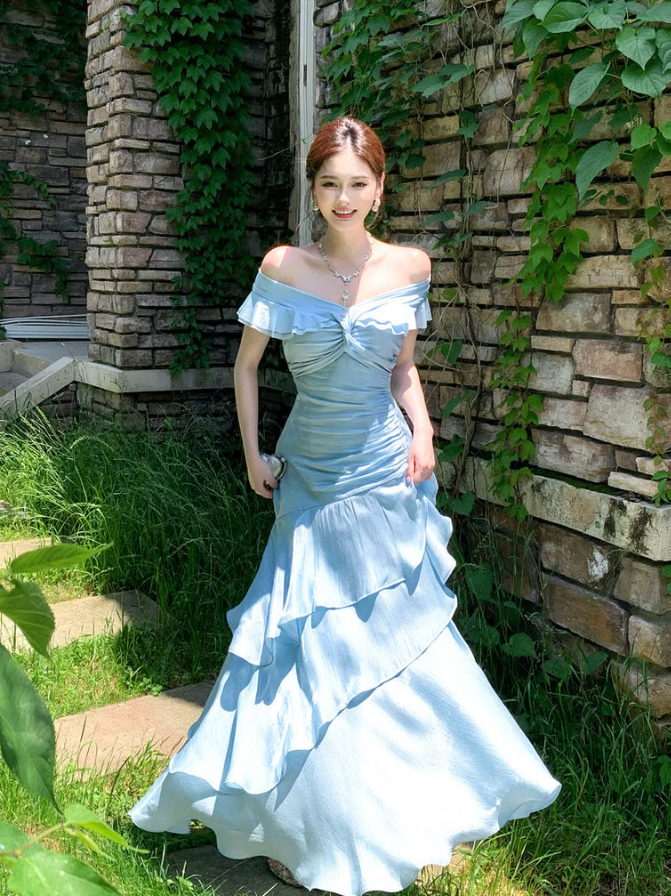 Chiffon Flowy Ruffled Bodycon Prom Gown ,Elegant Blue Maxi Evening Dress RS1999