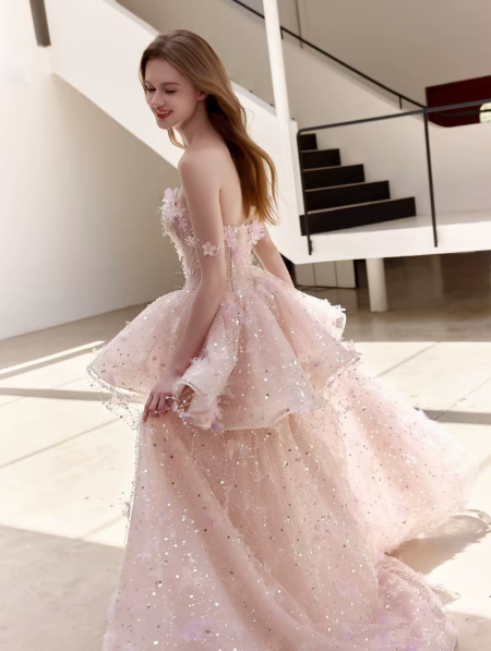 Tulle Sequins Tiered Prom Gown ,Sparkly Pink Maxi Evening Dress Birthday Dress RS2000