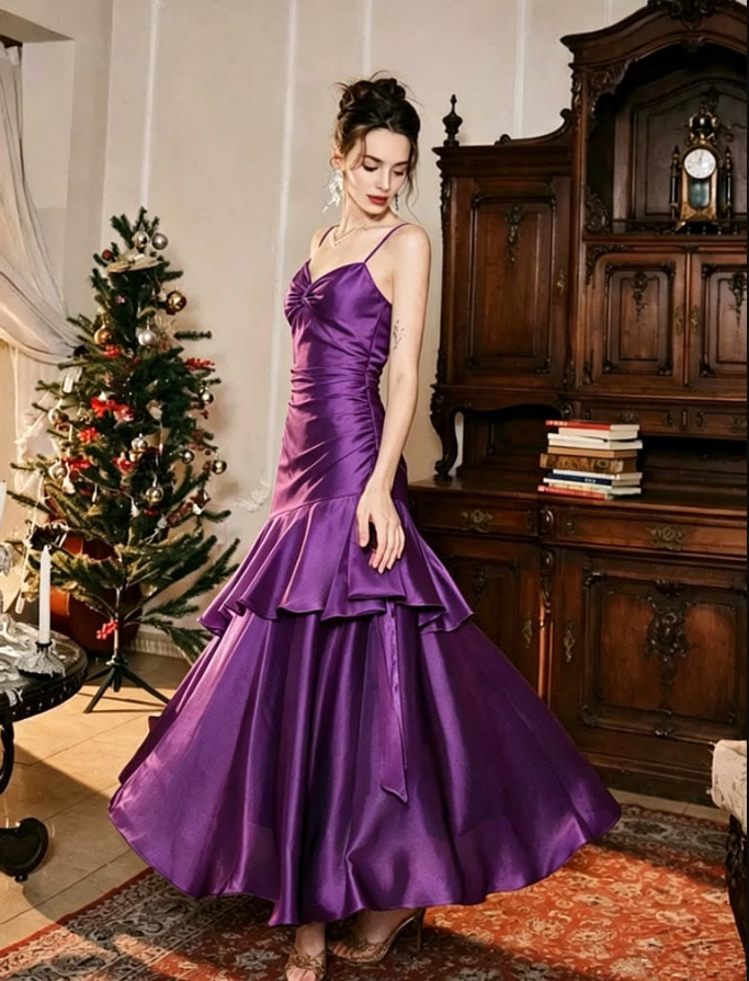 Silky Satin Tiered Bodycon Prom Gown ,Sparkly Purple Maxi Evening Dress Cami Dress RS2005
