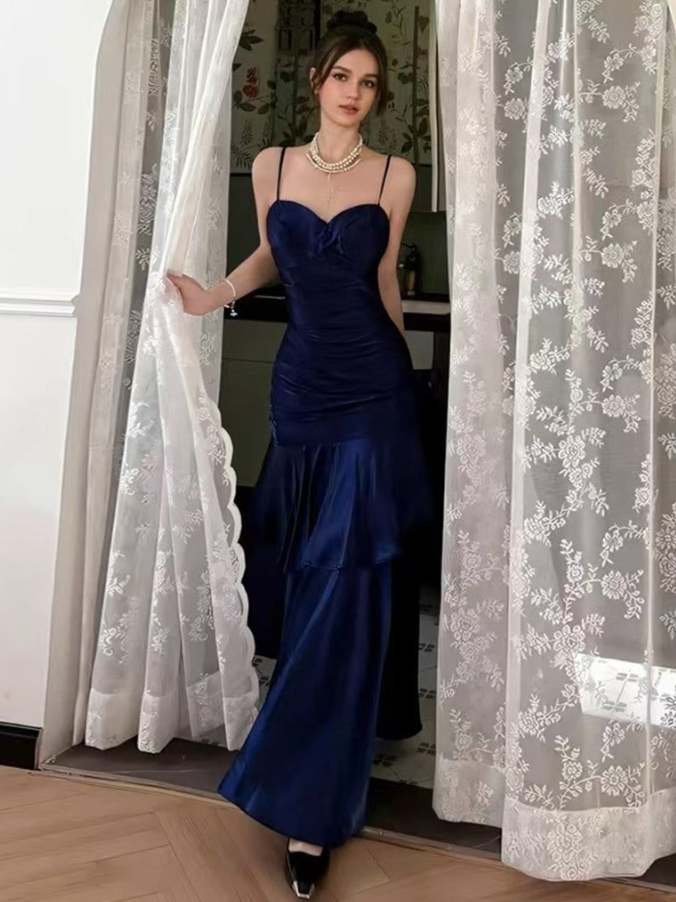 Silky Satin Bodycon Prom Gown ,Elegant Navy Maxi Evening Dress Cami Dress RS2006