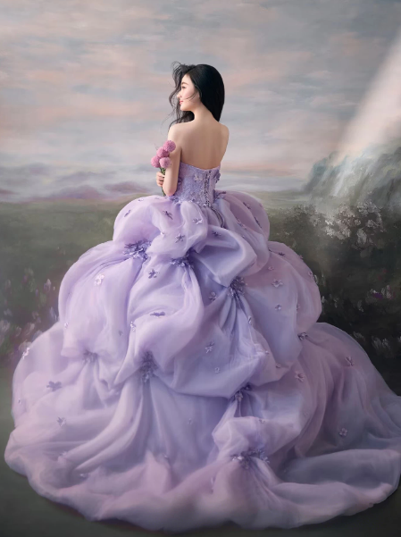 Tulle Puffy Aplique Prom Gown ,Dreamy Lavender Maxi Evening Dress Ball Gown RS2026
