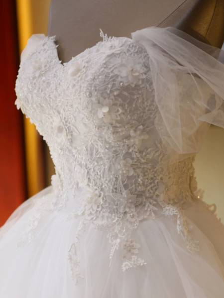 Hazy White A-Line Off-the-shoulder Tulle Puffy Corset Hi-Lo Wedding Dress RS2011