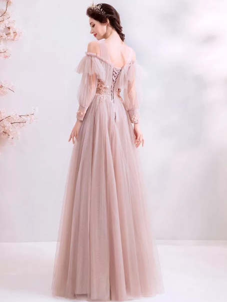 Tulle Flowy Applique Prom Gown ,Gentle Pink Maxi Evening Dress Birthday Dress RS2029