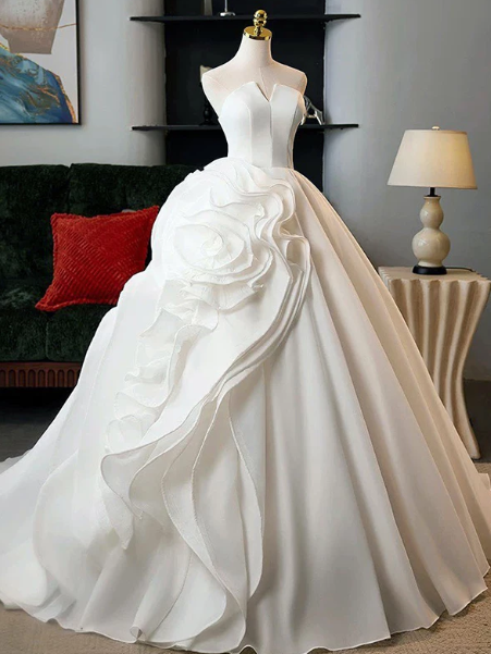 Hazy White A-Line Strapless Organza Puffy Pleated Corset Maxi Wedding Dress RS2012