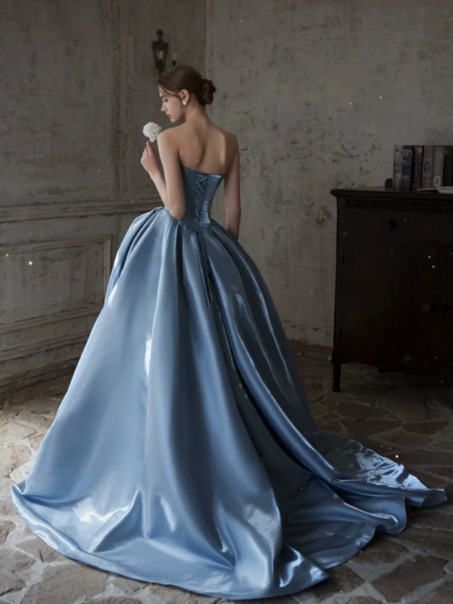 Silky Satin Hazy Prom Gown ,Sparkly Blue Maxi Evening Dress Ball Gown RS2035