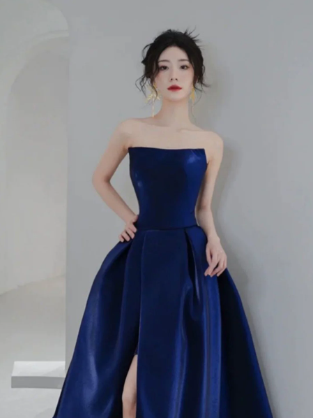 Silky Satin High-slit Prom Gown ,Elegant Navy Maxi Evening Dress Ball Gown RS2037