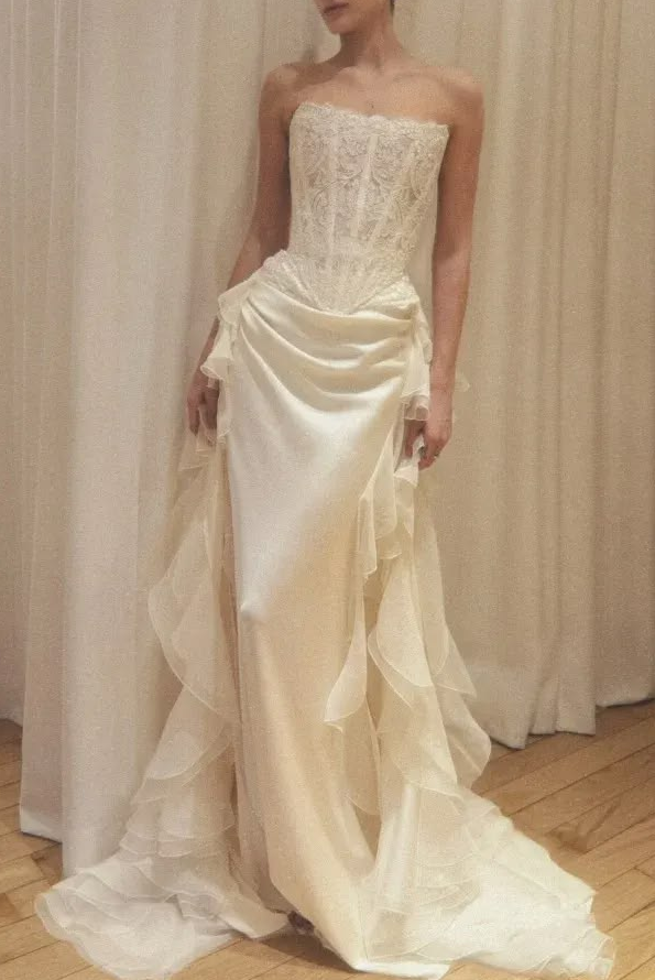 Elegant Ivory A-Line Strapless Chiffon Flowy Corset Maxi Wedding Dress RS2013