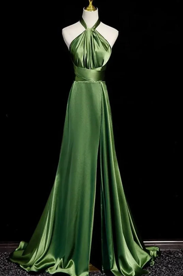 Silky Satin High-slit Corset Prom Gown ,Vibrant Green Maxi Evening Dress RS2045