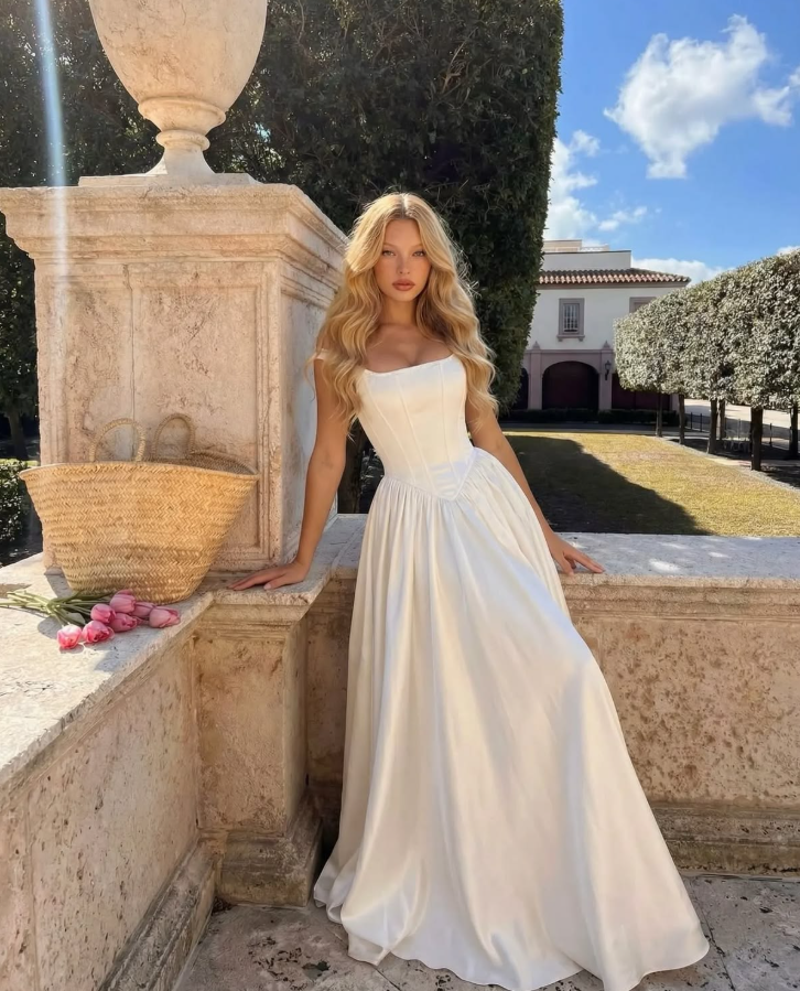 Silky Flowy Corset Prom Gown ,Minimalist White Maxi Evening Dress RS2046