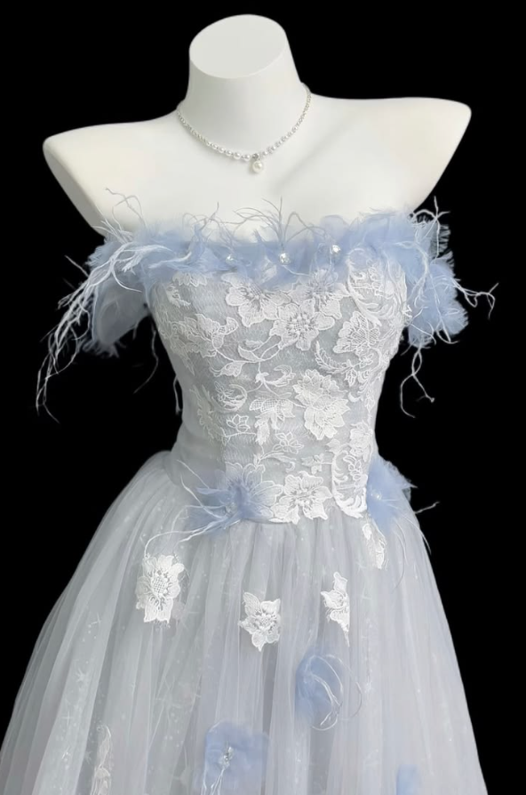 Embroidered Tulle Flowy Corset Prom Gown ,Gentle White Maxi Evening Dress RS2050