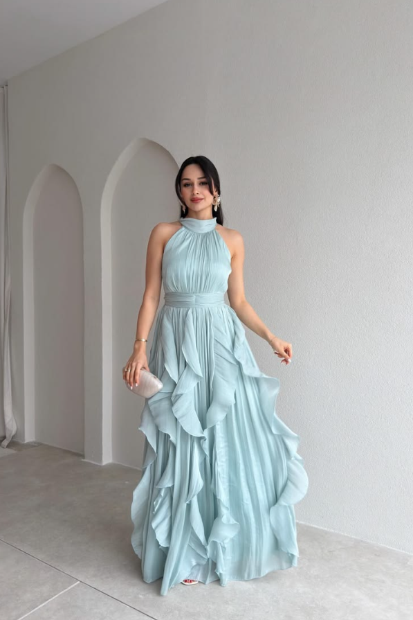 Flowy Sleeveless Halter Corset Prom Gown ,Gentle Blue Maxi Summer Dress RS2052