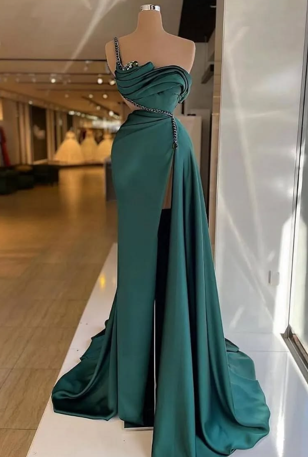 Beaded Sleeveless High-slit Corset Prom Gown ,Elegant Green Maxi Evening Dress RS2060
