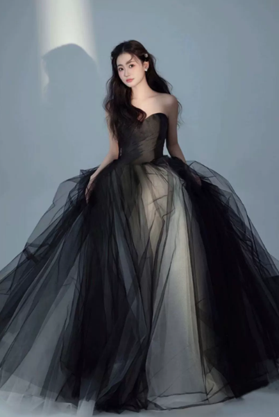 Puffy Sleeveless Tulle Corset Prom Gown ,Hazy Black Maxi Evening Dress RS2066