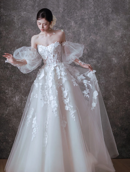 Puffy White A-Line Strapless Tulle Embroidered Hazy Corset Maxi Wedding Dress RS2064