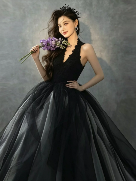 Halter Sleeveless Tulle Corset Prom Gown ,Hazy Black Maxi Evening Dress Ball Gown RS2070