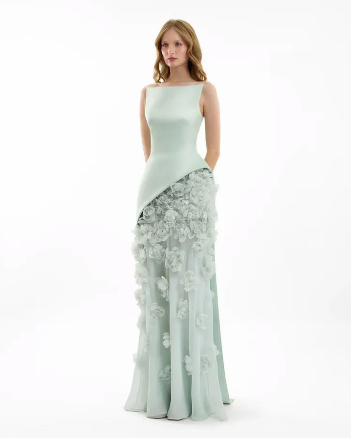 Silky Sleeveless 3D Floral Corset Prom Gown ,Dreamy Green Maxi Evening Dress RS2080