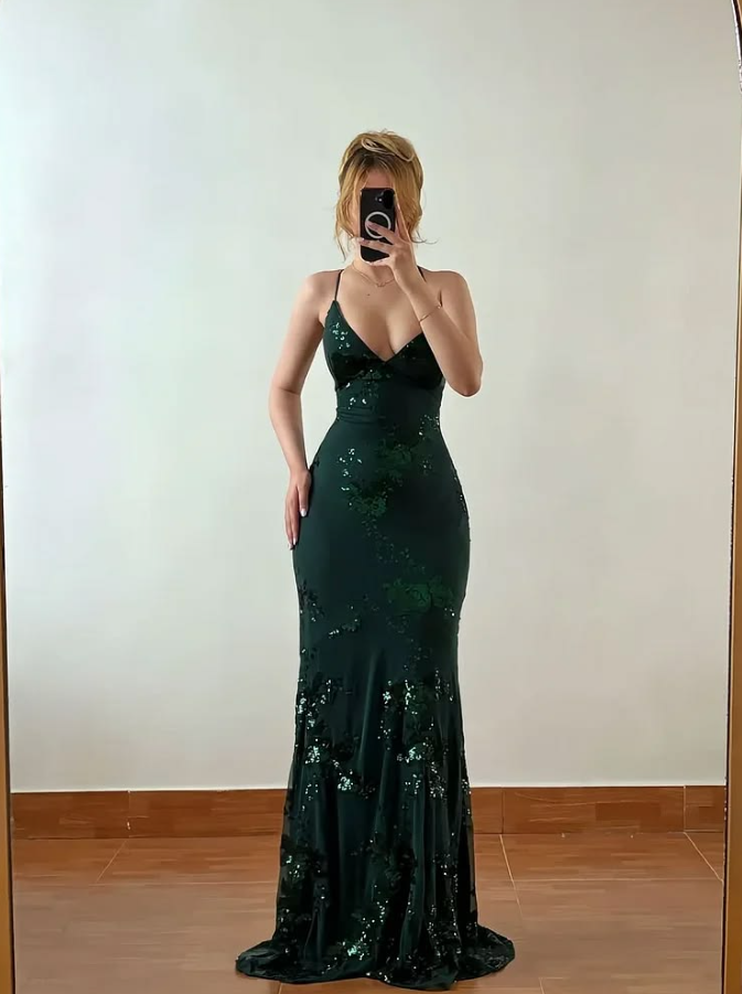 Flowy Sleeveless Glitter Corset Prom Gown ,Sexy Green Maxi Party Dress Cami Dress RS2081