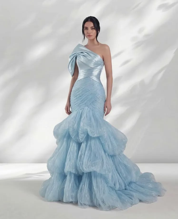 Ruffled Sleeveless Silky Corset Prom Gown ,Sparkly Blue Maxi Evening Dress Party Dress RS2082