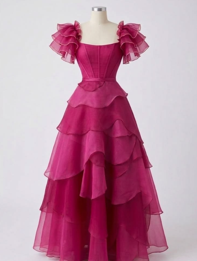 Flowy Sleeves Ruffled Corset Prom Gown ,Vibrant Hot Pink Maxi Party Dress RS2087