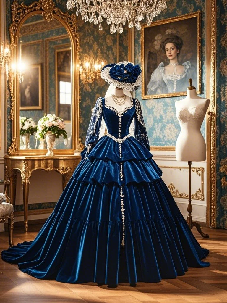 Blue square neckline fitted waist slim-fitting ball gown with a flared tiered skirt R7215