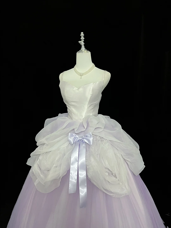 White strapless bodice, light purple tulle skirt, long ball gown R9049