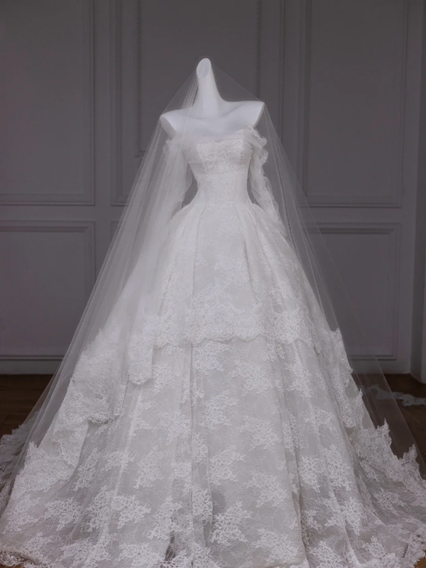 White one-shoulder lace slim waist puffy skirt long dress bridal dress R5789