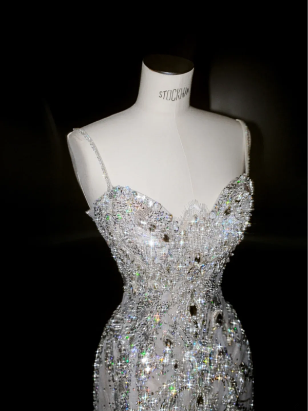 White suspender sequined diamond waist slim hip long skirt, prom dress R5632