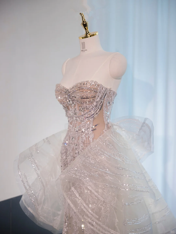 Light apricot strapless fitted waist bodycon long ball gown, bridal dress R8989