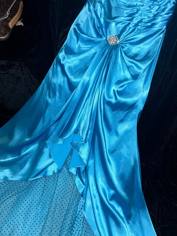 Blue strapless, fitted, bodycon mermaid long ball gown R7022