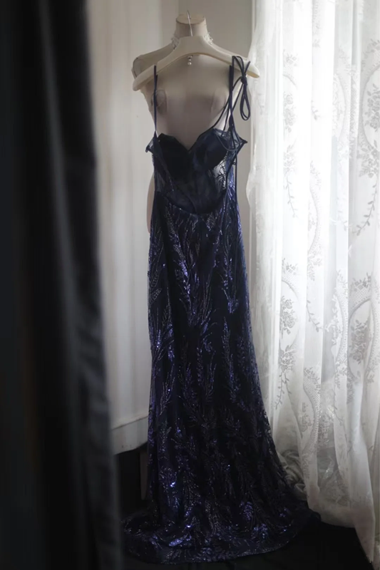 Navy blue sequined halter-neck fitted bodycon long ball gown R6782