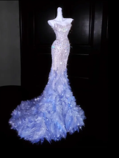 Blue Spaghetti-Strap Rhinestone-Embellished Fairy-Style Fitted-Waist Slim-Fit Hip-Hugging Long Prom Dress R6503