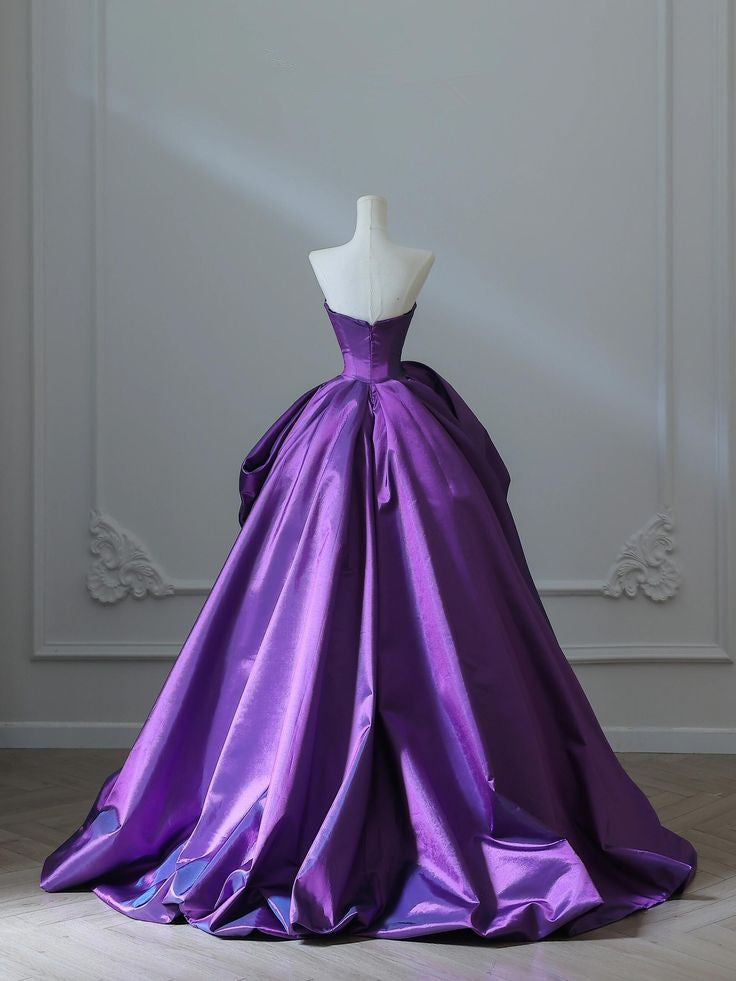 Dark purple tube-top dress with slim waist and puffy skirt, prom dress R5353