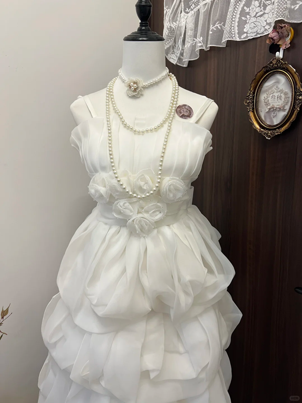 White suspenders waist puffy cloud skirt cute beautiful short skirt homecoming dress R4321