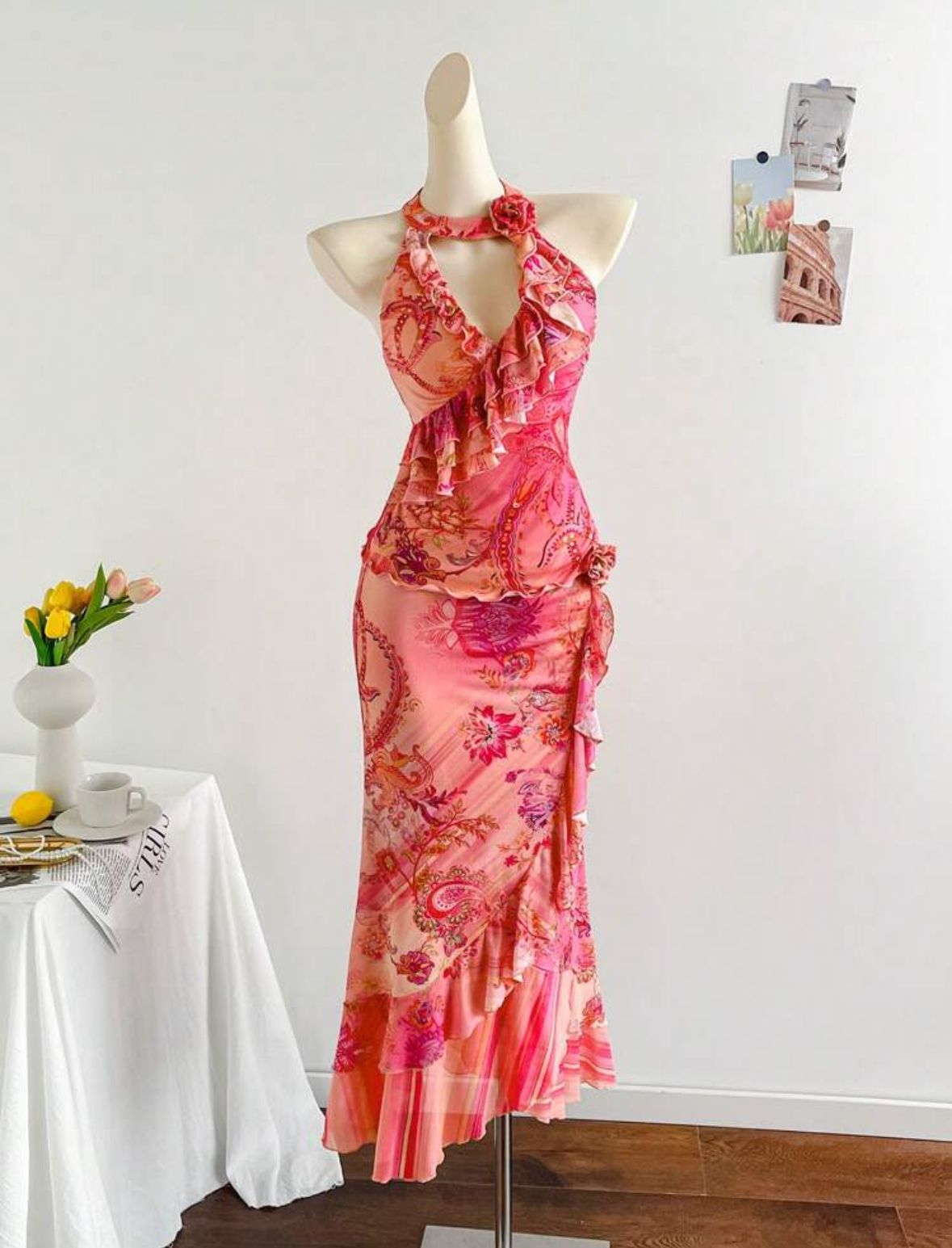 Pink floral halter neck slim waist sexy dress, prom dress R5433