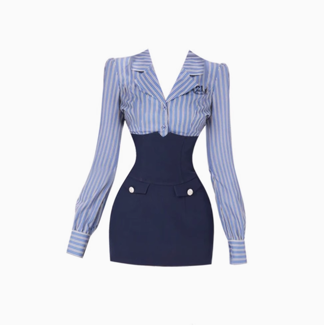 College style striped long-sleeved short shirt 2025 pure desire high waist hip skirt suit R1172