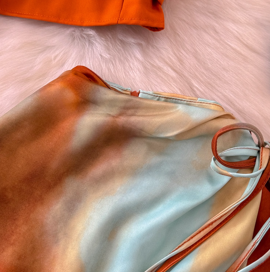 Summer sling holiday style gradient orange tie-dyed skirt knot design niche long skirt two-piece set R0321
