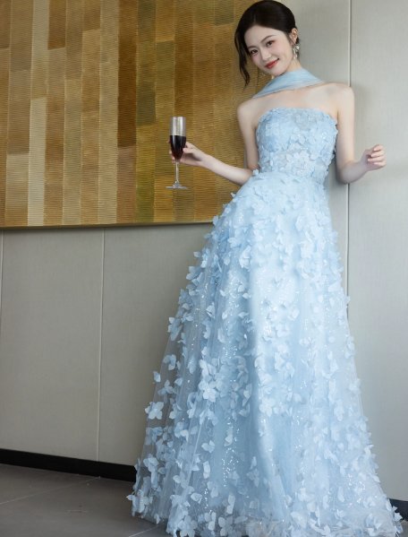 Applique Silky Corset Prom Gown , Pale Blue Women's Maxi Evening Dress RS2393