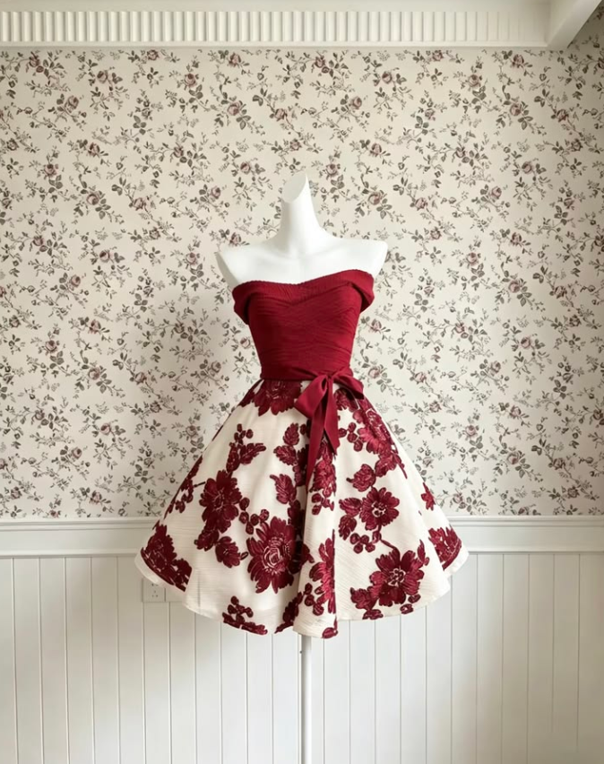 Printed Pattern Corset Homecoming Dress , Charming Burgundy Short Prom Dress RS2111