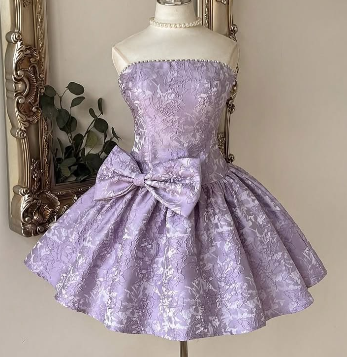 Embroidered Bow Decor Corset Homecoming Dress , Dreamy Lavender Short Prom Dress Birthday Dress RS2116