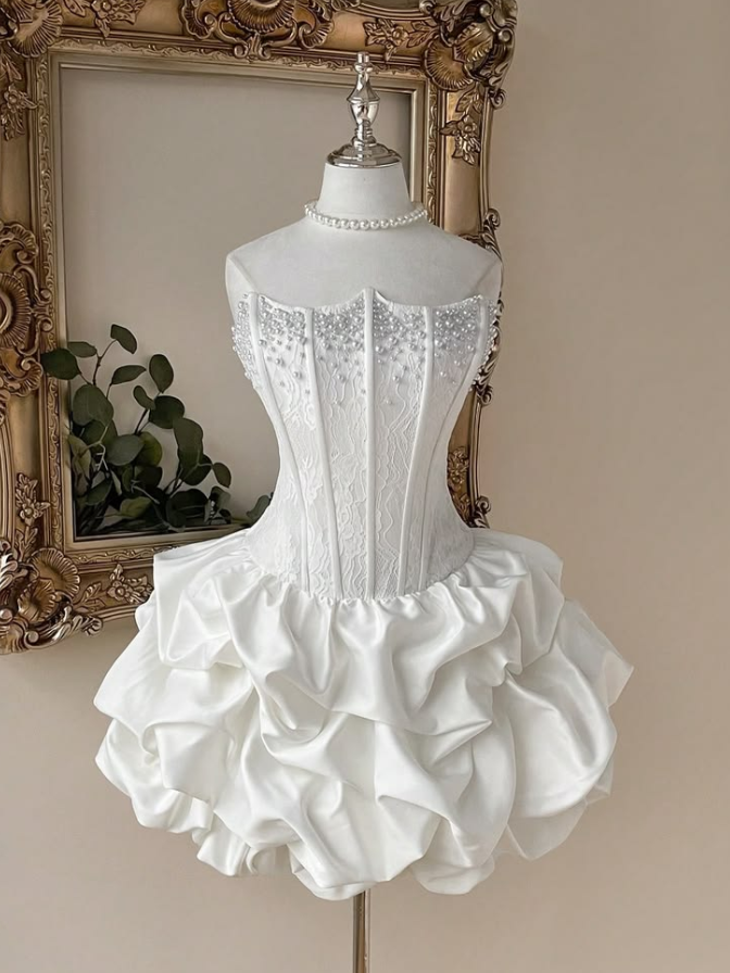 Beaded Puffy Corset Homecoming Dress , Minimalist White Short Prom Dress Party Dress RS2128