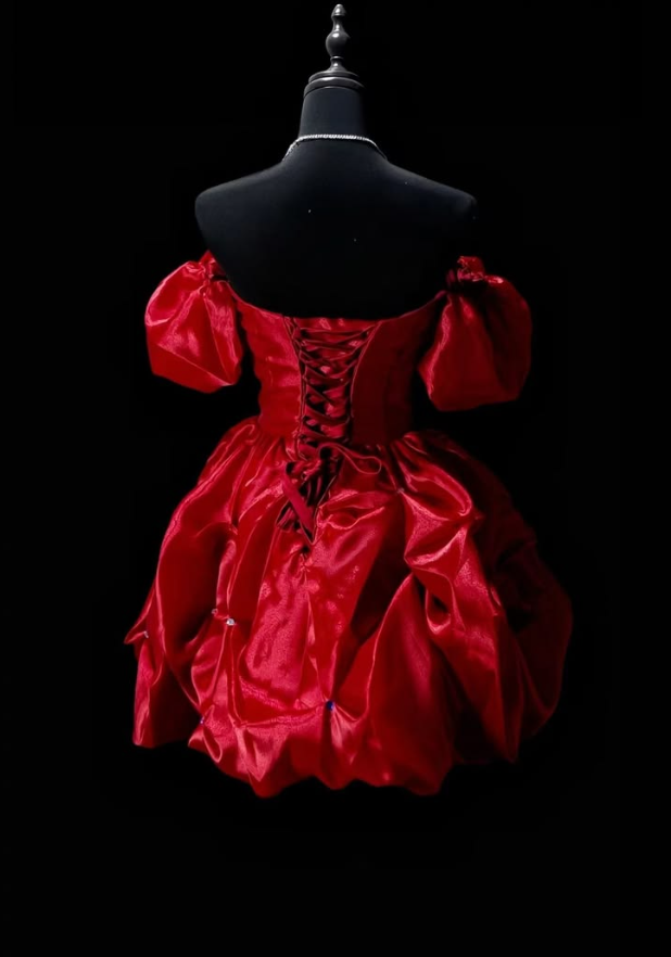 Pleated Puffy Corset Homecoming Dress , Vibrant Red Short Prom Dress Party Dress RS2129