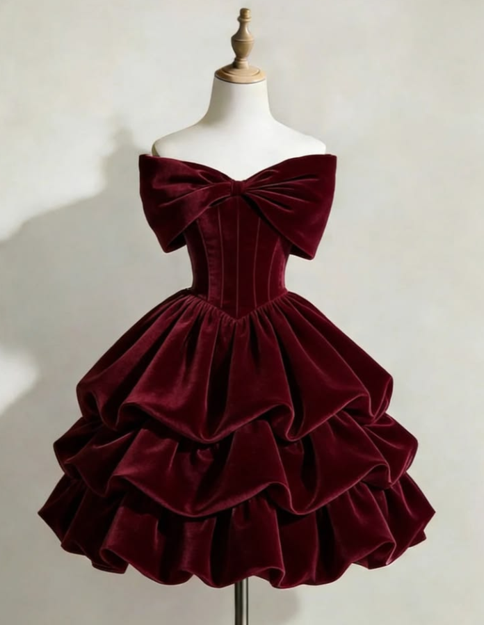 Velvet Ruffled Corset Homecoming Dress , Elegant Burgundy Short Prom Dress Birthday Dress RS2131