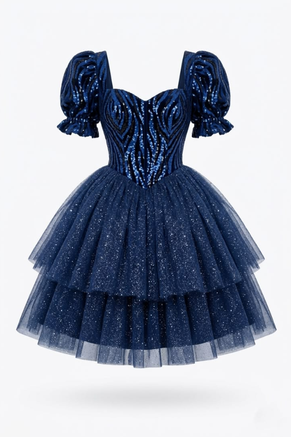 Tulle Glitter Tiered Corset Homecoming Dress , Dreamy Navy Short Prom Dress Birthday Dress RS2143