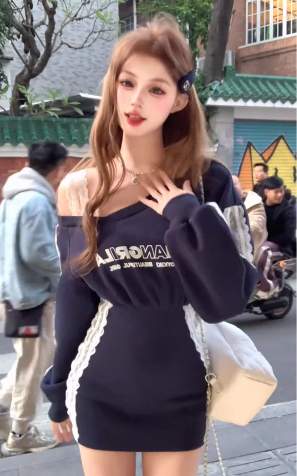 Sports style oblique collar off-shoulder sweater dress 2025 lace patchwork waist hip short skirt R1237