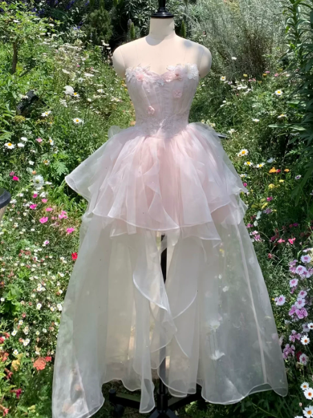 Tulle Hazy Corset Prom Gown , Pink Women's Hi-Lo Evening Dress Birthday Dress RS2166